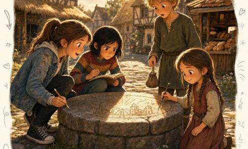 Quatre enfants sur la place pavée d’un village médiéval au soleil couchant : Léa, 10 ans, cheveux châtain en queue, veste en jean un peu sale, tient un crayon près du rebord du puits à gauche, accroupie près d’elle Inès, 10 ans, cheveux noirs courts, pull coloré, carnet et stylo, observatrice; à droite du puits Martin, ~11 ans, cheveux blonds en bataille, tunique médiévale, tient un petit sac en corde; devant le puits, un peu en avant, la sœur de Martin, 6 ans, robe simple, cheveux en tresses, sourit timidement en montrant le crayon mouillé; sur le rebord apparaît une gravure fraîche disant «MERCI POUR LA POMME», mains tendues, étonnement et douceur sur les visages, particules de poussière et halo de lumière chaude autour de la gravure, ambiance graphique aux couleurs chaudes, textures bois/pierre/tissu et petites annotations doodle pour souligner la magie.