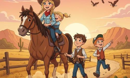 Viva, cowgirl souriante et courageuse en chapeau de feutre brun, bandana rouge et chemise à carreaux, tient les rênes d’un grand cheval brun nommé Biscuit, porteur d’une large tache blanche au front et d’une crinière soignée, soulevant une poussière dorée ; une fillette de 6 ans en robe bleue est assise derrière Viva en riant tandis qu’un garçon de 8 ans en jean tient la longe avec émerveillement et qu’un garçon de 7 ans à la peau rousse, casquette à l’arrière, pointe du doigt un vol d’aigles ; ils rentrent joyeusement au ranch au crépuscule sur un sentier poussiéreux bordé de prairies dorées, clôtures en bois, cactus et collines orangées sous un ciel rose et orange.