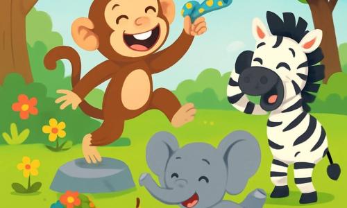 Une guenon joyeuse nommée Gigi, avec un pelage brun et des yeux pétillants, saute sur une pierre, un sifflet bleu à pois jaunes à la main, riant aux éclats. À côté d'elle, un petit éléphant gris glisse sur une peau de banane et tombe doucement sur un coussin coloré. Un zèbre rayé rit en se tenant la tête, tandis qu'une tortue verte, portant un casque en fleurs, avance lentement avec un grand sourire. La scène se déroule dans un jardin ensoleillé, rempli de fleurs éclatantes et de grands arbres, où des coussins colorés sont éparpillés. Gigi organise une course hilarante où tous les animaux tombent et rient ensemble, créant une ambiance joyeuse.