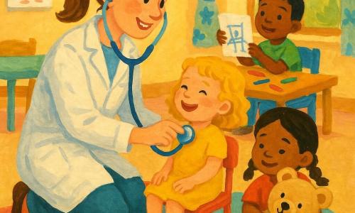 Une médecin souriante aux cheveux châtain clair en queue de cheval, en blouse blanche avec un stéthoscope bleu, rassure des enfants dans une classe maternelle chaleureuse aux murs pastel : elle ausculte doucement une fillette blonde de 4 ans en robe jaune assise sur une petite chaise, pendant qu’un garçon de 5 ans aux cheveux noirs montre son dessin près de la fenêtre et qu’une fillette de 3 ans aux nattes brunes serre une peluche, le tout dans une ambiance douce aux couleurs chaudes et traits de gouache visibles.