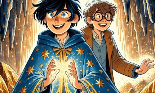 Léo, un apprenti sorcier de douze ans, se tient au centre de la scène, les yeux brillants d'excitation. Il porte une robe de sorcier bleue ornée d'étoiles dorées et lève les mains vers une pierre magique scintillante entourée d'une lumière dorée. À ses côtés, Arthur, son ami fidèle, également âgé de douze ans, avec des lunettes épaisses et des cheveux châtains, tend la main vers la pierre, prêt à l'aider. En arrière-plan, une caverne vaste et mystérieuse avec des murs scintillants et des stalactites crée une atmosphère magique. Léo et Arthur unissent leurs pouvoirs pour repousser des sorciers malveillants qui tentent de s'emparer de la pierre, une tempête d'énergie magique tourbillonnant autour d'eux.