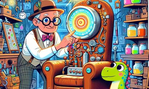 Monsieur Dupont, un homme d'environ 50 ans avec des lunettes rondes et un chapeau en forme de soucoupe, se tient dans son atelier coloré, entouré d'outils et de bocaux de potions. Il manipule une machine à remonter le temps, un fauteuil en cuir orné de stickers de planètes, en appuyant sur un bouton rouge brillant. À ses côtés, un petit dinosaure mignon nommé Dino, aux taches vertes et jaunes, observe avec curiosité. L'atelier est extravagant, rempli de machines bizarres et de couleurs vives. L'atmosphère est magique alors que Monsieur Dupont active la machine, prêt pour une aventure incroyable avec Dino.