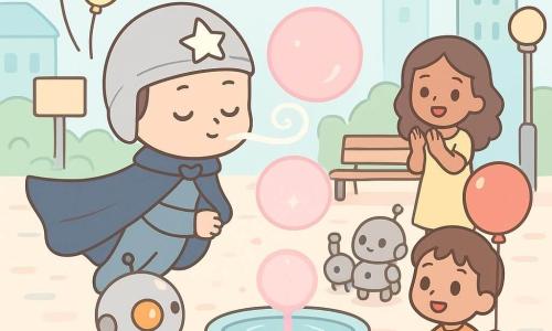 Zéphyréo, jeune homme souriant en cape bleu nuit et casque argenté à étoile, souffle une brise spiralée qui rassemble et aligne de petits robots étincelants tandis qu’une grosse bulle d’énergie rose retombe au-dessus d’une fontaine ronde au centre d’une place urbaine pastel; un robot chef rond métallique clignote en orange à gauche, un garçon d’environ 5 ans aux cheveux bruns tient un ballon rouge à droite près de la fontaine, et une femme d’environ 30 ans en robe jaune sourit et applaudit derrière les robots; ambiance lumineuse douce, couleurs pastel, lignes simples et formes rondes.