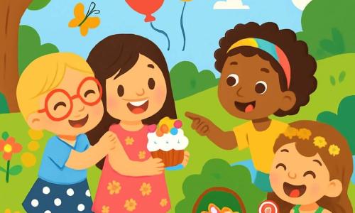 Quatre enfants célèbrent un anniversaire dans un jardin ensoleillé rempli de fleurs et d'arbres. Jade, 7 ans, a de longs cheveux bruns et porte une robe rose à fleurs, souriant avec un gâteau décoré. À ses côtés, Lila, 6 ans, avec des cheveux blonds en tresses et des lunettes rondes, lui fait un câlin, vêtue d'une blouse bleue et d'une jupe à pois. Zoé, 7 ans, a des cheveux frisés et un bandeau coloré, elle pointe un panier de bonbons sous un buisson, portant un t-shirt jaune et un short en jean. Mia, 6 ans, avec des cheveux châtains et une couronne de fleurs, est assise sur l'herbe, riant avec un bonbon en main, vêtue d'une robe verte. L'atmosphère est joyeuse, avec des papillons et des ballons, tandis que les enfants s'amusent ensemble.