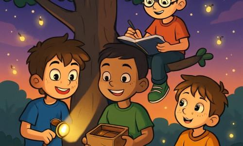 Quatre enfants se trouvent dans un parc au crépuscule, autour d'un grand chêne. Léo, 9 ans, a des cheveux bruns en bataille et tient une lampe de poche qui éclaire son visage curieux. Jules, également 9 ans, est assis sur une branche, vêtu d'un t-shirt rouge, en train de dessiner. Malik, avec des cheveux foncés et un t-shirt vert, sourit en tenant une boîte d'objets réconfortants. Hugo, aux cheveux châtains et aux taches de rousseur, est assis dans l'herbe, émerveillé par les lucioles. Ils partagent leurs peurs et rêves sous le ciel étoilé, unis dans leur détermination à surmonter leur peur du noir.