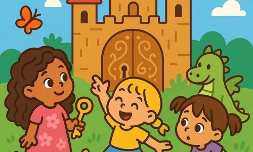 Il y a trois personnages : Lila, une petite fille de 2 ans avec de longs cheveux bouclés, portant une robe rose et tenant une clé dorée, se tient à gauche, émerveillée par la porte du château. Mia, également âgée de 2 ans, avec des cheveux blonds en tresses et un t-shirt jaune, est au centre, sautant de joie et pointant la porte. Zoé, avec des cheveux bruns en couettes et une robe violette, se trouve à droite, curieuse. L'histoire se déroule dans un jardin enchanté avec un château en bois sculpté en arrière-plan. Les filles découvrent la porte du château, fascinées par la clé que Lila tient, tandis qu'un dragon en peluche les observe avec bienveillance, prêt à leur révéler un secret.