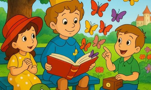 Le prince est au centre, visage souriant, cheveux châtain clair bouclés, couronne simple, petite tunique bleue et bottines en cuir, assis sur un banc bleu tenant un grand livre d'où s'envolent des lettres devenant des papillons colorés ; à sa gauche une fillette d'environ 6 ans en robe jaune à pois blancs et grand chapeau rouge regarde émerveillée, mains jointes ; à sa droite un garçon d'environ 7 ans en chemise verte pointe un papillon-lettre, une petite boîte 
