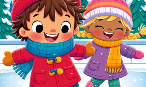 Léo, un petit garçon de 3 ans aux cheveux bruns en bataille et aux joues roses, porte un manteau rouge, un bonnet à pompon et des bottes bleues. Il sourit avec excitation en glissant sur la glace de la patinoire, les bras écartés pour garder l'équilibre. À ses côtés, sa meilleure amie Emma, également âgée de 3 ans, a des cheveux blonds tressés et une écharpe jaune. Elle rit en patinant avec son manteau violet et des gants roses, prête à faire une pirouette près de Léo. La patinoire en plein air est entourée de sapins enneigés sous un ciel bleu clair avec des nuages blancs, tandis que des flocons de neige tombent doucement, ajoutant une touche magique à la scène. Léo et Emma s'amusent ensemble, laissant des traces de leurs patins sur la glace, créant un moment joyeux d'une journée d'hiver.