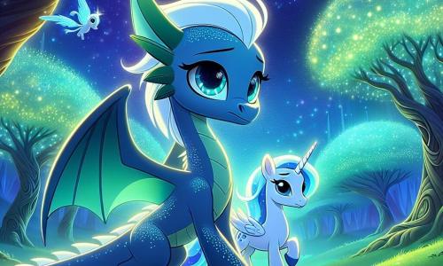 Au centre de l'image, Azura, une dragonne aux écailles bleues, se tient sur une colline verdoyante, les yeux brillants de larmes mais déterminée. Ses ailes sont repliées et elle regarde le ciel étoilé avec mélancolie et espoir. À ses côtés, Luna, une licorne majestueuse avec une crinière argentée, la soutient en posant un sabot sur son épaule, symbolisant leur amitié. Le décor est une forêt magique de Luminor, avec des arbres dorés et des feuilles brillantes illuminées par les étoiles. Azura, les yeux levés vers le ciel, exprime son chagrin pour sa grand-mère disparue tout en promettant de garder ses souvenirs vivants.