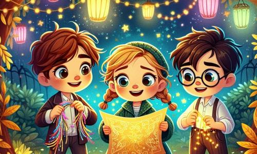 Trois amis, Léo, Émilie et Tom, sont réunis dans un jardin verdoyant sous un ciel étoilé. Léo, 8 ans, tient une guirlande colorée, Émilie, 7 ans, décore un chapeau de fête, et Tom, également 8 ans, examine un mystérieux papier doré. Ils découvrent un message secret les invitant à suivre les lumières jusqu'à la grande place pour percer le secret de la nouvelle année. Leurs visages expriment curiosité et excitation, tandis qu'une brise légère fait danser les feuilles.