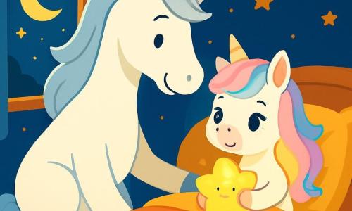 Luna, une licorne douce avec une crinière pastel, est dans son lit douillet, tenant son doudou étoile qui brille. Sa maman, une grande licorne blanche avec une crinière argentée, la regarde tendrement depuis le bord du lit. La chambre, aux murs bleu nuit et étoilée, est chaleureuse avec des coussins moelleux. Luna, nerveuse mais déterminée, écoute sa maman raconter une histoire magique sur la nuit, tandis que des ombres dansent autour d'eux, créant une atmosphère réconfortante.