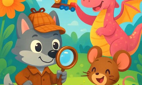 Un petit loup détective nommé Loulou, avec un pelage gris et des yeux curieux, se tient au centre de la scène, portant une loupe en bois et un chapeau de détective, affichant une expression déterminée et joyeuse. À ses côtés, une petite souris aux grandes oreilles et à la fourrure brune, avec des yeux brillants, regarde son petit train avec un sourire, sautillant d'excitation. En arrière-plan, un dragon rose aux écailles scintillantes joue avec des jouets dans un jardin féerique, entouré de fleurs géantes. Le jardin est magique, rempli de plantes luxuriantes et d'arbres dansants, sous un ciel bleu éclatant. Loulou et la souris s'amusent ensemble, tandis que le dragon fait voler le petit train, créant une atmosphère joyeuse.