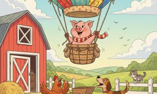 Un cochon rose potelé (c'est un cochon) au museau rond et aux yeux brillants, souriant et portant une écharpe rayée rouge et blanche, se tient dans une nacelle en osier, tenant une corde, l'air joyeux alors que la grande montgolfière multicolore en patchwork (rouge, bleu, jaune, vert) commence à s'élever ; une poule rousse ronde aux plumes duveteuses bat des ailes près d'une brouette, un chien de ferme marron au poil court aboie de bonheur la queue en l'air à côté des poules, et un petit chat gris tigré, curieux, est perché sur la barrière en bois, les yeux écarquillés ; décor : cour de ferme lumineuse avec grenier rouge à grande porte ouverte, herbe verte parsemée de fleurs jaunes, tas de paille, clôture blanche, champs et collines en arrière-plan sous un ciel bleu clair à nuages cotonneux, ombres douces et lumière chaude du matin, atmosphère joyeuse et d'aventure.