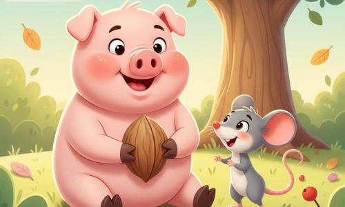 Un cochon rose rond et dodu aux joues rebondies et petits yeux noirs souriant, assis dans l'herbe tenant une noix entre ses sabots, à côté d'une petite souris grise aux grandes oreilles roses sur ses pattes arrière regardant la noix avec excitation, sous un grand arbre aux feuilles vertes stylisées parmi touffes d'herbe et quelques baies rouges, lumière douce de fin de matinée, ambiance chaleureuse et amicale, composition centrée, couleurs pastel, contours nets et textures lisses, expression de partage et de complicité.