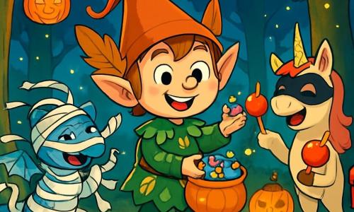 Niflut, un petit lutin à chapeau pointu et oreilles en feuille de chêne, sourit joyeusement en distribuant des bonbons multicolores à ses amis. À ses côtés, Friselus, un dragonneau électrique déguisé en momie, rit en tentant de maintenir ses bandages qui s'envolent. Plus loin, Bobine, une licorne avec une corne pailletée, jongle avec des pommes caramélisées. La scène se déroule dans la forêt des Lanternes Bleues, illuminée par des lanternes citrouilles et peuplée de lucioles, créant une ambiance magique. Niflut et ses amis célèbrent Halloween en s'assurant que la forêt reste propre tout en riant et chantant sous les étoiles filantes.