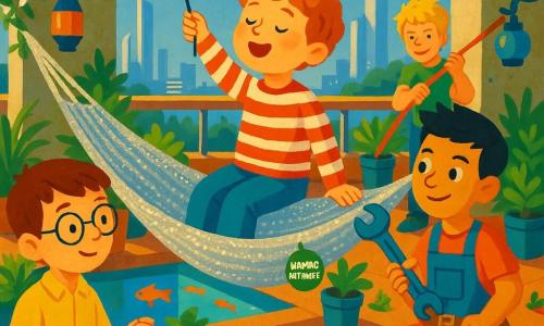 Quatre garçons de 6 ans installent un hamac lumineux sur une grande terrasse urbaine sur toit : Léo, petit aux cheveux bruns courts et lunettes, tient un fil et regarde le hamac ; Sam, cheveux noirs en brosse en salopette bleue, tourne une vis avec une clé ; Noé, athlétique aux cheveux blonds, tend une corde pour l'ancrage à l'arrière ; Milo, roux bouclé, assis sur le bord du hamac, chante en agitant un petit drapeau. La terrasse, bordée de deux gros piliers en béton recouverts de jasmin, comporte des bassins d'eau reflétant le ciel, lanternes en verre coloré, plantes en pots et poissons visibles sous une rambarde transparente ; au loin, vue sur une ville futuriste de tours argentées. On voit le tissu léger du hamac tissé de fils argentés, vis colorées, corde tordue, plan papier avec dessins et une petite étiquette ronde verte « hamac autorisé », le tout baigné d'une lumière dorée de fin d'après-midi.