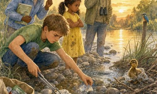 Un garçon de 12 ans, Léo, accroupi au bord d'une rivière claire, tend une pince métallique vers un morceau de plastique coincé entre des galets pour libérer un oiseau tandis qu'Inès, une fille de 8 ans, inquiète, le regarde ; la mère, calme, tient une boîte vide et un guide d'oiseaux et chuchote des consignes, le père, prêt à appeler le centre de soins, est au téléphone avec des jumelles au cou ; la scène montre la famille ramassant des déchets (sac en toile ouvert avec quelques détritus), un carnet de terrain ouvert sur une pierre avec des notes et un dessin de bergeronnette, et un martin‑pêcheur posé sur un piquet en arrière‑plan, le tout représenté en aquarelle douce aux lavis pastel, lumière dorée du soir, composition centrée sur le garçon.