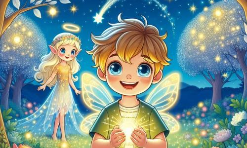 Un petit garçon de 6 ans, Léo, se tient au centre d'une clairière magique, les yeux brillants et les cheveux dorés. Il exprime une grande joie en tenant une sphère lumineuse, entouré d'une aura éclatante. À ses côtés, une fée nommée Étoile, avec des ailes dorées et une robe en pétales de fleurs, vole gracieusement, souriant avec bienveillance. La clairière est peuplée d'arbres aux feuilles argentées, de lucioles dansantes et de fleurs colorées. Un ciel bleu profond, parsemé d'étoiles, crée une ambiance féerique. Léo s'apprête à utiliser la sphère magique pour créer une étoile filante, encouragé par Étoile. La scène évoque une aventure magique où technologie et magie se rencontrent.
