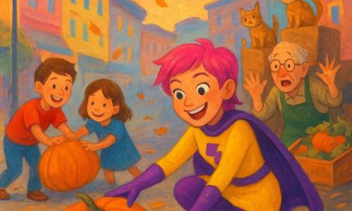 Super-Luci, femme joyeuse et malicieuse aux cheveux courts roses, costume jaune et violet et chaussettes scintillantes d'où s'échappent de petites étoiles, est accroupie pour rattraper une grosse citrouille orange ; M. Potiron, vieil homme ridé aux lunettes rondes et tablier vert taché, se tient penché derrière un étal renversé, les mains en l'air, surpris et soulagé ; à gauche, un garçon de 8 ans en t-shirt rouge et une fille de 7 ans en robe bleue rient en poussant une citrouille vers Super-Luci, tandis que trois chats roux et gris grimpent sur des cartons à l'arrière-plan. Scène : rue colorée de Lumiville au crépuscule, façades pastel et lampadaires ronds, étal de légumes renversé, feuilles d'automne virevoltantes, chaos comique de citrouilles roulant partout, lumière douce de fin de journée et atmosphère ludique et bienveillante. Style : gouache aux traits épais, couleurs vives et textures de pinceau visibles, composition centrée sur Super-Luci et la plus grosse citrouille.