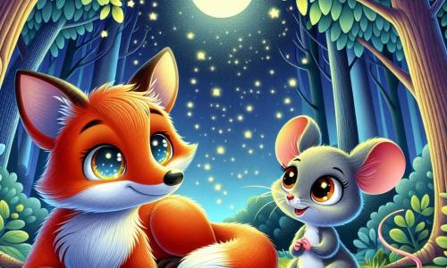 Petit Renard, un renard aux poils roux et aux yeux brillants, est allongé dans son lit de feuilles, affichant une expression curieuse et craintive. Il regarde le plafond étoilé de la forêt, ses oreilles dressées. À côté de lui, Lily la Souris, une petite souris grise avec de grands yeux pétillants, sourit pour l'encourager, se tenant sur une petite pierre. La scène se déroule dans une clairière enchantée, entourée de grands arbres sous un ciel nocturne étoilé. Petit Renard et Lily partagent un moment de découverte, écoutant les bruits mystérieux de la nuit, transformant la peur en curiosité et en amitié.