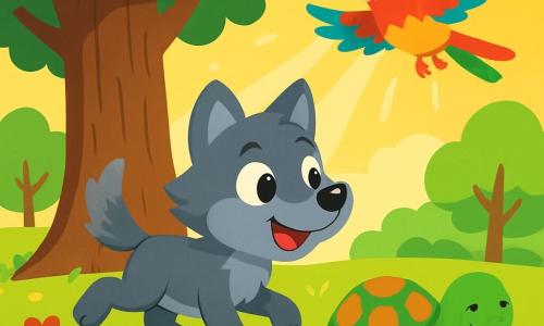 Un petit loup gris nommé Léo court joyeusement autour d'un grand arbre. Son pelage est doux et il sourit avec enthousiasme. À côté de lui, une petite tortue verte, Tilly, avance lentement, admirant les fleurs. Un perroquet coloré, Paco, vole au-dessus d'eux en chantant. La scène se déroule dans une forêt verdoyante, avec des fleurs multicolores et des rayons de soleil. Léo, Tilly et Paco célèbrent leur amitié et la beauté de leurs différences dans un esprit de joie et d'harmonie.