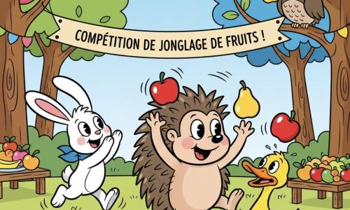 Hector, petit hérisson malicieux aux piquants ronds et joues rosées, tente maladroitement de jongler une pomme rouge et une poire jaune; Lila la lapine blanche, foulard bleu, saute et applaudit à gauche; Gaston le canard jaune, bec orange, est assis à droite, surpris par une pomme qui lui tombe sur la tête et éclabousse une petite flaque; en arrière-plan un vieux hibou dort sur une branche tandis qu’une poire atterrit près de son nez; clairière ensoleillée d’une forêt enchantée avec arbres aux feuilles rondes, banderole «Compétition de jonglage de fruits», guirlandes, tables en bois et fruits; scène centrée, moment drôle où Hector rate un lancer, couleurs vives, contrastes marqués et contours épais style cartoon rétro.