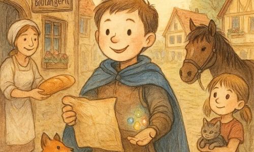 Un jeune chevalier nommé Éloi, visage rond et souriant, cheveux châtains, armure légère en cuir et cape bleue froissée, tient une grande carte parcheminée et trois petites pierres lumineuses tandis qu'il montre la carte aux enfants du village ; à sa gauche Dame Lise, boulangère au visage chaleureux et tablier fariné, lui tend un pain chaud près de la porte de sa boulangerie, une fillette de 7 ans en couettes serre un chaton rayé sur le pont à l'arrière-plan à droite, Noiraud le petit cheval brun stationne calme derrière Éloi et un renard roux est assis près de ses bottes ; le village de Luminor avec ruelles pavées, maisons à colombages colorées, boulangerie fleurie, un vieux chêne et une prairie lumineuse sous un ciel doré du soir forme le décor, ambiance chaleureuse et émerveillée centrée sur le chevalier et les villageois.