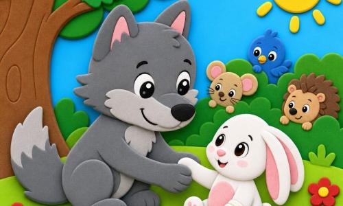 Loup souriant et tendre au pelage gris doux et contours arrondis, grands yeux brillants, assis et tendant une patte pour aider un petit lapin blanc au ventre rose et à la patte bandée qui se blottit contre lui; en arrière-plan, une souris beige, un oiseau bleu et un hérisson brun aux formes simples regardent la scène depuis des buissons; clairière ensoleillée avec herbe verte vive, fleurs rouges, jaunes et bleues, grand chêne stylisé à gauche, ciel bleu uni et soleil jaune en coin; ambiance chaleureuse de guérison et d'amitié, couleurs vives, contours épais et texture mousse style gommette.