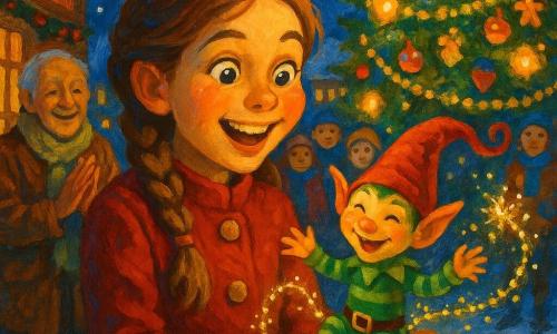 Fille de 10 ans, joyeuse et émerveillée, cheveux châtain clair en tresses, yeux brillants, manteau rouge à boutons dorés, tenant un petit lutin vert et regardant un immense sapin de Noël illuminé; lutin farceur au bonnet rouge clignotant et vêtements verts rayés, riant et agitant une guirlande scintillante à côté d'elle; grand-père d'environ 70 ans, visage ridé et souriant, écharpe en laine beige, applaudissant près d'une boutique en bois à gauche; plusieurs villageois joyeux en bonnets et manteaux colorés formant une foule chaleureuse sur la place centrale pavée partiellement enneigée, maisons en bois décorées de guirlandes et lanternes, ciel nocturne bleu profond étoilé avec flocons; révélation du sapin décoré projetant lumières dorées et reflets chauds sur les visages, atmosphère festive et magique, composition centrée sur la fille et le lutin; style peinture acrylique, coups de pinceau visibles, couleurs vives et contrastées, textures neigeuses et reflets lumineux marqués.