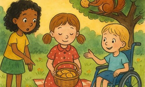 Trois fillettes d'environ 7 ans enquêtent dans un jardin au crépuscule : Lila, châtain clair en couettes, en robe à pois, assise au centre sur une couverture à carreaux, tient un panier ouvert d'où sortent des biscuits brillants ; Zoé, bouclée noire, en t‑shirt jaune et jupe verte, debout à gauche, pointe des miettes au sol ; Emma, blonde en fauteuil roulant bleu à droite, sourit en regardant un petit écureuil roux perché sur une branche tenant un biscuit ; on voit une piste de miettes menant du panier au buisson ; atmosphère tendre et joyeuse, traits à l'encre fine, couleurs douces et ombres légères du soir.
