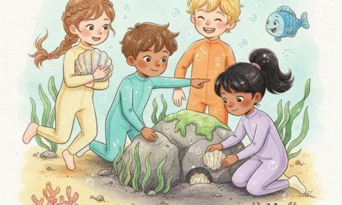 Quatre enfants sous l'eau près d'un rocher couvert d'algues : Zoé (7 ans, tresses, combinaison jaune pâle) à gauche tient un grand coquillage brillant en souriant ; Léo (7 ans, cheveux bruns, combinaison turquoise) au centre pointe un rocher de sable sombre ; Mila (6 ans, queue de cheval, combinaison lavande) à droite agenouillée dépose doucement le coquillage dans une cachette ; Tom (8 ans, cheveux blonds, combinaison orange) derrière Léo rit en saluant un petit poisson bleu qui tourne autour ; sable doré devenant sombre près du rocher, coraux pastel, petites pierres brillantes, un crabe brun-rouge sur une pierre, une étoile de mer orange sur le sable et des bulles et reflets lumineux sur leurs combinaisons tandis qu'ils cachent le coquillage ensemble.