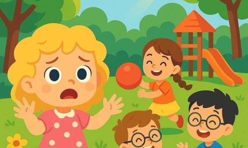 Alice, une petite fille de 4 ans aux cheveux bouclés et blonds, porte une robe rose à pois blancs et cherche ses amis dans le parc avec un regard inquiet. À proximité, Charlotte, également âgée de 4 ans, joue avec un ballon rouge, tandis que Léo, un garçon aux cheveux châtains et aux lunettes rondes, rit avec Thomas, qui porte un t-shirt bleu. Le parc est rempli d'arbres verts et de fleurs colorées, et le soleil filtre à travers les branches. Alice, inquiète, appelle ses amis en levant les bras, et Charlotte, Léo et Thomas se retournent vers elle, surpris et heureux de la retrouver.