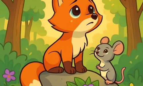 Un jeune renard nommé Léo, avec une fourrure rousse et des yeux pétillants, se tient sur une pierre, regardant le ciel avec une expression mélancolique mais pleine d'espoir. À ses côtés, sa meilleure amie, une petite souris grise nommée Mia, le regarde avec douceur. Ils se trouvent dans une forêt verdoyante, éclairée par le soleil couchant, entourés d'arbres majestueux et de fleurs colorées. Léo se remémore son grand-père lors d'une petite cérémonie où il dépose des feuilles et des fleurs en hommage.