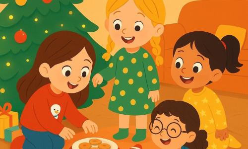 Il y a quatre enfants : Zoé, 6 ans, avec de longs cheveux bruns, portant un pull rouge, accroupie près du sapin pour chercher une chaussette ; Léa, 5 ans, avec des cheveux blonds en tresses, vêtue d'une robe verte à pois, debout en pointant les biscuits sous une serviette ; Emma, 7 ans, avec des cheveux châtains bouclés et des lunettes, en pull bleu, assise sur le tapis en riant avec des peluches ; Mia, 4 ans, avec des cheveux noirs en queue de cheval, en pyjama jaune, debout à côté de Léa, émerveillée par les biscuits. La scène se déroule dans une salle de séjour chaleureuse, décorée pour Noël, avec un grand sapin, des guirlandes lumineuses et des cadeaux. Les filles rient en découvrant les farces du Lutin Farceur.