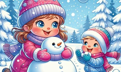 Lucie, une petite fille de 7 ans aux cheveux châtain clair et aux yeux pétillants, sourit émerveillée en roulant une boule de neige pour construire un bonhomme de neige. Elle porte une combinaison de neige rose vif, des gants bleus et un bonnet à pompon, avec des joues rosies par le froid. À ses côtés, son petit frère Paul, âgé de 5 ans, avec des cheveux blonds en bataille, s'amuse à ramasser des boules de neige à lancer, riant aux éclats. Il est vêtu d'une combinaison bleue et d'une écharpe rouge. Le décor est une colline enneigée entourée de sapins recouverts de neige, sous un ciel bleu clair avec quelques flocons. La scène illustre Lucie et Paul créant un bonhomme de neige, leurs rires résonnant dans l'air frais, capturant la magie d'une journée d'hiver joyeuse.