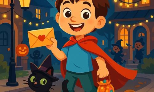 Léo, un garçon de 8 ans aux cheveux bruns en bataille et aux yeux curieux, porte une cape rouge et des bottes en caoutchouc. Il sourit largement, tenant une lettre parfumée et un sac de bonbons, debout sur un trottoir bordé de feuilles dorées. À ses côtés, un chat noir au chapeau pointu se frotte à sa jambe, tandis qu'une chouette blanche observe la scène depuis une lampe de rue. Le décor d'Halloween est animé, avec des citrouilles souriantes, des guirlandes lumineuses et des enfants déguisés. Léo, enthousiaste, est prêt à livrer un message magique dans une atmosphère festive et chaleureuse.