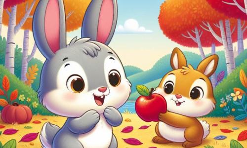 Lapinou, un petit lapin aux grandes oreilles et à la fourrure douce et grise, est joyeux et curieux. Il se tient debout sur ses pattes arrière, émerveillé par une pomme rouge brillante au sol. À ses côtés, Maman Lapine, au pelage brun clair et aux yeux doux, sourit en ramassant des feuilles colorées, attentive et encourageante. La scène se déroule dans une clairière enchantée, entourée d’arbres aux feuilles flamboyantes et d’un sol recouvert de feuilles dorées et rouges. Au loin, un ciel bleu clair est parsemé de nuages cotonneux. Ils se préparent à ramasser des pommes et des feuilles pour décorer leur maison avant l’hiver.