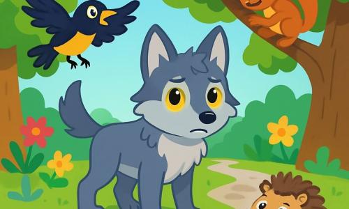 Lumi, un jeune loup aux yeux dorés et au pelage gris argenté, se tient au centre de la clairière, inquiet et déterminé. À ses côtés, Plume, un merle noir au ventre jaune, vole en cercles. Frimousse, un écureuil roux, grimpe sur une branche, tandis que Dodo, un hérisson aux piquants bruns, semble perplexe. La clairière est entourée d'arbres majestueux et de fleurs colorées, avec un petit ruisseau asséché au centre. Lumi et ses amis sont prêts à partir à la recherche de la source magique disparue qui fait briller la forêt.