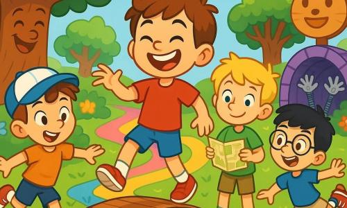 Quatre garçons de 8 ans se trouvent dans un parc magique. Jules, aux cheveux bruns et souriant, porte un t-shirt rouge et des shorts bleus, prêt à traverser un pont. À sa droite, Max, avec des cheveux blonds et un t-shirt vert, tient une carte. À gauche, Hugo, avec une casquette, se tient sur le bord du pont, et Léo, en t-shirt bleu et patins à roulettes, fait une pirouette. Le parc est rempli d'arbres souriants et de fleurs chantantes, avec des chemins colorés. Les garçons traversent le Pont Bascule-Patacloc en riant, tandis que des bras mécaniques chatouillent les passants dans le Tunnel des Chatouilles, créant une ambiance joyeuse.