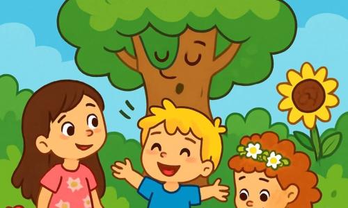 Il y a trois personnages : Lila, une fille de 6 ans aux longs cheveux bruns et aux yeux pétillants, souriante dans une robe rose à fleurs, se tient à gauche. Hugo, un garçon de 7 ans avec des cheveux blonds en bataille et un t-shirt bleu, est au centre, les bras ouverts. Zoé, une fille de 5 ans avec des cheveux bouclés et une couronne de fleurs, est à droite, accroupie près d'une fleur colorée. Ils se trouvent dans un jardin verdoyant rempli de fleurs éclatantes, avec un grand arbre majestueux au centre. Les trois amis écoutent l'arbre, émerveillés par la magie de la nature et l'idée de l'amitié.
