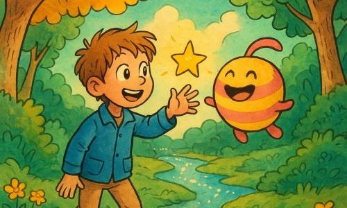 Un garçon de 10 ans émerveillé tend la main vers une petite étoile dansante ; cheveux châtain clair en bataille, yeux brillants, veste bleue et pantalon beige, sur la pointe des pieds sur un sentier. La Joie, créature ronde et colorée non humaine aux rayures rose et jaune, yeux rieurs et petits bras ouverts, rebondit à côté de lui. Forêt enchantée avec arbres aux feuilles dorées et vert émeraude, rivières scintillantes, fleurs lumineuses et nuages bas ; ambiance magique et chaleureuse, couleurs saturées, lumière douce de l'étoile éclairant les visages. Vue en plan moyen, composition centrée, traits nets, style bande dessinée européenne avec textures à l'encre.