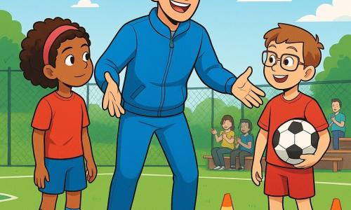 Un homme, Marco, souriant et déterminé, porte un survêtement bleu vif et des chaussures de football usées. Il donne des instructions à ses jeunes joueurs sur un terrain de football verdoyant, les bras ouverts et le visage rayonnant d'enthousiasme. À ses côtés, Amina, 11 ans avec des cheveux bouclés et un bandeau rose, écoute attentivement. Léo, 10 ans avec des lunettes et un short rouge, se tient en retrait, tenant un ballon de football. Le terrain est entouré de grillages, avec des cônes colorés et des spectateurs applaudissant sur des bancs en bois. Le ciel est bleu avec quelques nuages, et le soleil brille, créant une ambiance joyeuse. Marco montre aux enfants comment se placer sur le terrain, illustrant l'importance de la coopération et de la confiance dans le football.