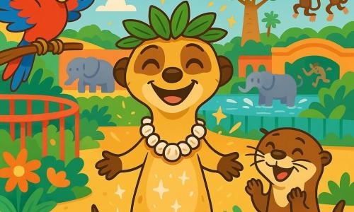Martin le suricate, joyeux et souriant, se tient au centre de l'image, portant une couronne de feuilles de baobab et admirant un collier en coquillages. À sa droite, Lili la loutre applaudit en nageant dans une flaque d'eau, tandis qu'à gauche, Gaston le perroquet chante sur une branche, ajoutant de la couleur à la scène. Le décor du zoo des merveilles comprend des enclos colorés, des éléphants jouant dans l'eau et des singes sautant. Martin célèbre son anniversaire entouré de ses amis, avec des rires et des chants, sous une pluie d'étincelles dorées.