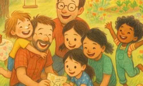 Six personnages dans un jardin ensoleillé : Lola, 6 ans, cheveux courts châtain clair, t-shirt jaune, jambes nues, crème solaire sur le nez, saute dans les bras de son papa à gauche (35 ans, barbe de quelques jours, chemise à carreaux) ; Zoé, 6 ans, queue de cheval brune, robe bleue à pois, tient une carte au trésor dessinée, son papa (38 ans, lunettes rondes, t-shirt rouge) s'agenouille au centre en tenant la carte ; Jade, 7 ans, cheveux bouclés noirs, salopette verte, danse de victoire près d'un caillou peint en or, son papa (32 ans, cheveux courts bruns, t-shirt vert) assis à droite rit, moustache de crème solaire dessiné par sa fille. Décor : grande pelouse, arbre à gauche, balançoire en bois, petite table à nappe fleurie avec croissants et gâteau au chocolat, fleurs et potager en arrière-plan. Scène : câlin collectif joyeux après une chasse au trésor, tas de câlins souriant, cailloux peints en or au sol, carte à moitié déroulée, dessins d'enfants éparpillés, expressions heureuses et lumière matinale dorée, style doux texturé aux crayons de couleur, couleurs chaudes et contours légèrement flous.