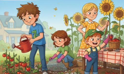 Quatre enfants de 9 ans jardinent dans un jardin de printemps lumineux : Max, garçon aux cheveux bruns en bataille en t‑shirt bleu avec dragon, tient un arrosoir rouge au centre gauche en souriant vers une rangée de tomates ; Léa, fille blonde en queue de cheval en robe jaune à pois, tient une pelle à l'arrière‑plan droit près des tournesols ; Tom, garçon roux en salopette et casquette verte, rit en agitant un petit panier de tomates au premier plan droit près d'une table en bois rustique ; Sarah, fille aux cheveux châtains bouclés en t‑shirt vert et gants roses, accroupie au centre droit pose un filet protecteur autour des pousses. Le jardin présente un sol sombre, rangées de légumes bordées de pierres blanches, grands tournesols au fond, nappe à carreaux sur la table, quelques outils, une maison aux volets bleus et un ciel bleu clair; l'atmosphère est joyeuse avec tomates rouges brillantes, jeunes tournesols, lumière douce du matin, pollen et papillons jaunes, style clair aux formes simples exprimant entraide et fierté.