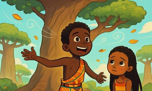 Kofi, un garçon de 12 ans aux yeux brillants et au large sourire, a la peau sombre et des cheveux crépus. Il porte un pagne coloré avec des motifs africains et se tient devant un majestueux Arbre des Souffles, écoutant le vent. À côté de lui, Leyna, une fille d'environ 10 ans aux longs cheveux tressés et en robe légère aux couleurs vives, regarde Kofi avec espoir, son visage reflétant douceur et tristesse. Ils se trouvent dans une clairière enchantée entourée de baobabs géants, le sol couvert de feuilles dorées et de fleurs colorées. Ils écoutent le murmure du vent, cherchant à comprendre le message de l'Arbre des Souffles pour ramener l'harmonie dans leur village.