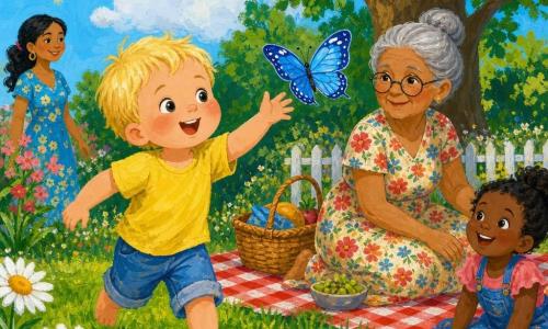 Léo, garçon de 2 ans aux cheveux blonds courts et joues rondes, sourit et tend la main vers un papillon bleu vif à taches blanches en marchant pieds nus dans l'herbe; mamie, femme d'environ 70 ans aux cheveux gris en chignon et lunettes rondes, vêtue d'une robe fleurie, est assise sur une couverture à carreaux près d'une corbeille de pique-nique et veille en souriant; jardin lumineux à herbe verte, marguerites jaunes et blanches, grand chêne et ciel bleu; style peinture acrylique aux couleurs vives, traits doux et formes simples.