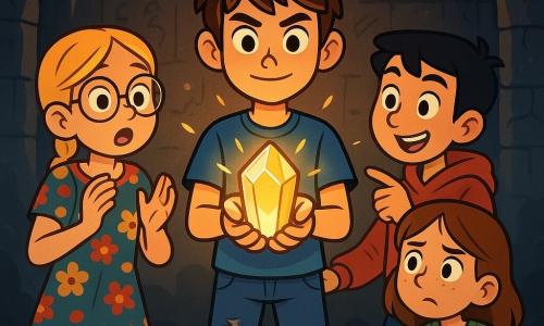 Quatre enfants se tiennent dans une salle souterraine sombre. Gabriel, 12 ans, cheveux bruns en bataille, tient un cristal brillant, déterminé. Claire, 11 ans, cheveux blonds tressés et lunettes rondes, est émerveillée à gauche de lui. Max, 12 ans, cheveux noirs et sourire malicieux, pointe vers le cristal à droite. Élise, 11 ans, cheveux châtains et taches de rousseur, se tient en arrière, inquiète. La pièce est ornée de gravures anciennes, avec une lueur phosphorescente émanant d'un piédestal, créant une atmosphère intrigante. Les enfants sont captivés par les murmures mystérieux, prêts à découvrir les secrets des esprits qui les entourent.