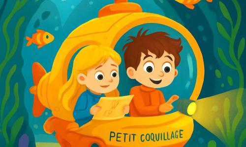 Un garçon de 6 ans, Nino, avec des cheveux bruns en bataille et des yeux curieux, est assis dans un sous-marin nommé Petit Coquillage. Il porte une combinaison de plongée orange et sourit, tenant une lampe pour éclairer les merveilles sous-marines. À ses côtés, sa meilleure amie Lila, 7 ans, avec des cheveux longs et blonds, en combinaison de plongée bleue, regarde une carte en pointant un chemin. Ils se trouvent dans un tunnel sous-marin mystérieux, avec des parois d'algues vertes et des poissons colorés. La lumière du soleil filtre à travers l'eau, créant des reflets sur le sable doré. Nino et Lila explorent une arche bleue, entourés de créatures marines, prêts à découvrir les trésors cachés de la mer.