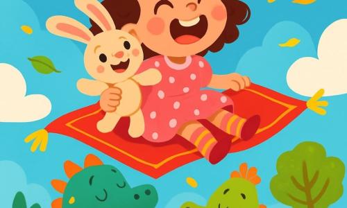 Une petite fille de 4 ans, avec de grands yeux et des cheveux bouclés, rit sur un tapis volant dans le ciel. Elle porte une robe rose à pois blancs et des chaussettes rayées. À ses côtés, un doudou lapin en peluche s'accroche à elle, les yeux écarquillés d'excitation. En dessous, un dragon dodu et coloré, aux écailles scintillantes, flotte dans les airs, la bouche ouverte dans un bâillement amusé. Le décor est un ciel bleu avec des nuages moelleux et un jardin verdoyant. La scène montre la petite fille et son doudou riant, tandis que le dragon tente de retenir un bâillement, créant une ambiance magique.